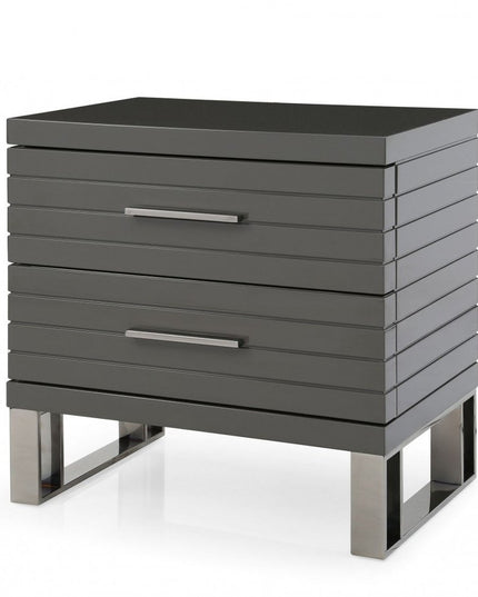 23" Silver And Gray Stainless Steel Solid and Manufactured Wood Two Drawer Nightstand