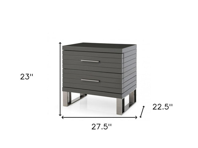 23" Silver And Gray Stainless Steel Solid and Manufactured Wood Two Drawer Nightstand