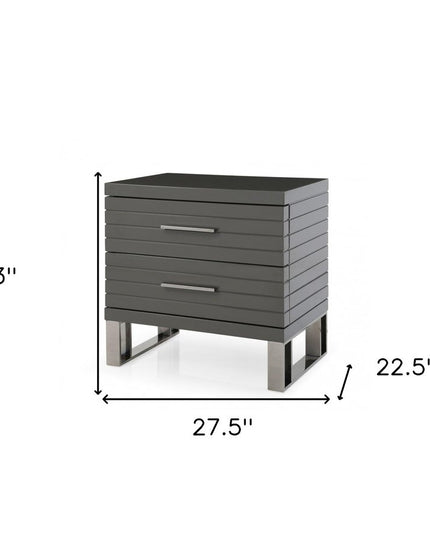 23" Silver And Gray Stainless Steel Solid and Manufactured Wood Two Drawer Nightstand