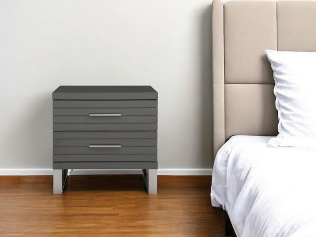 23" Silver And Gray Stainless Steel Solid and Manufactured Wood Two Drawer Nightstand