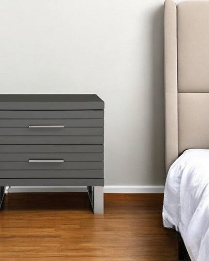 23" Silver And Gray Stainless Steel Solid and Manufactured Wood Two Drawer Nightstand