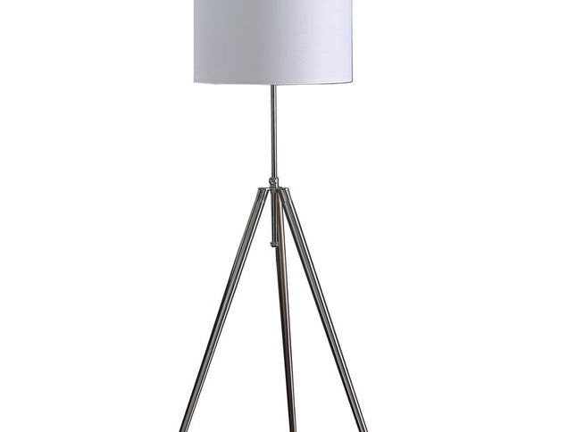 64" Silver Adjustable Tripod Floor Lamp With White Fabric Shade