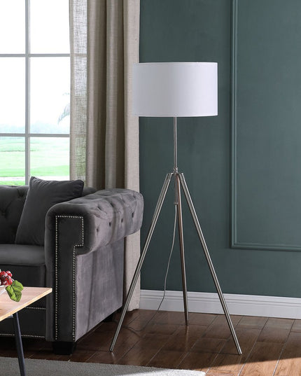64" Silver Adjustable Tripod Floor Lamp With White Fabric Shade