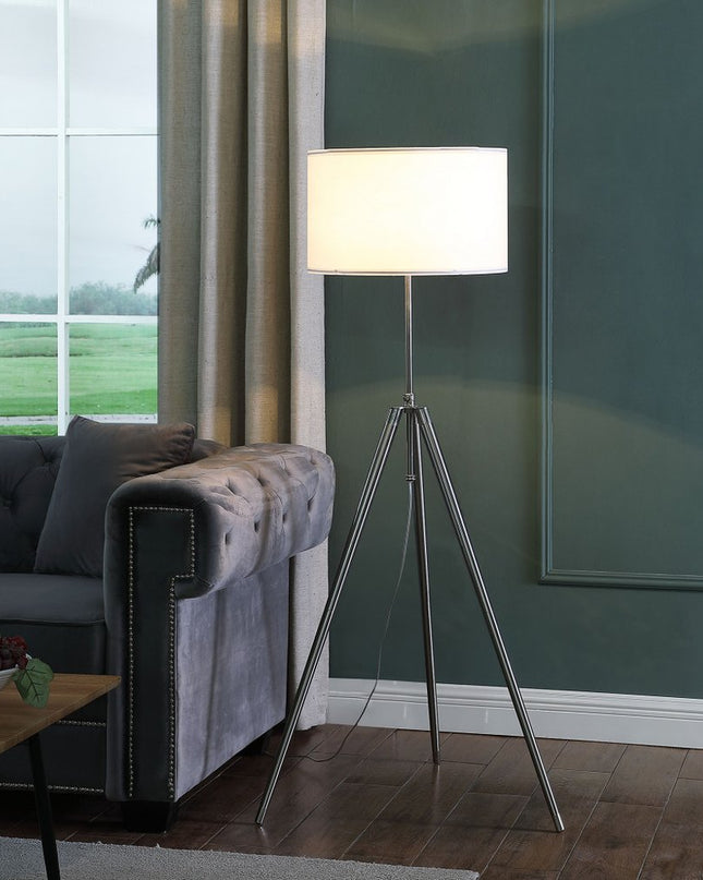64" Silver Adjustable Tripod Floor Lamp With White Fabric Shade