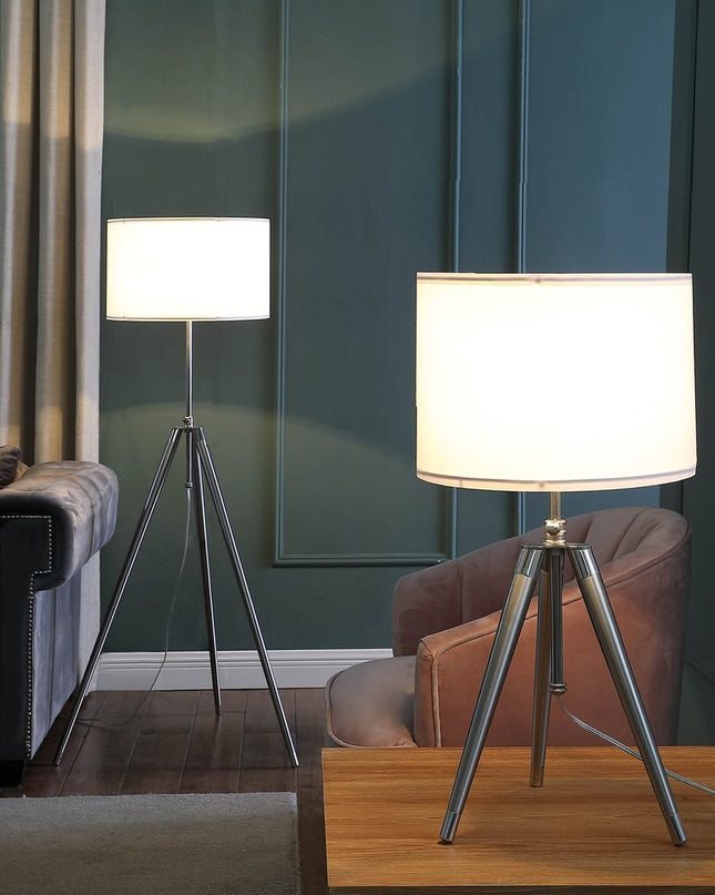 64" Silver Adjustable Tripod Floor Lamp With White Fabric Shade