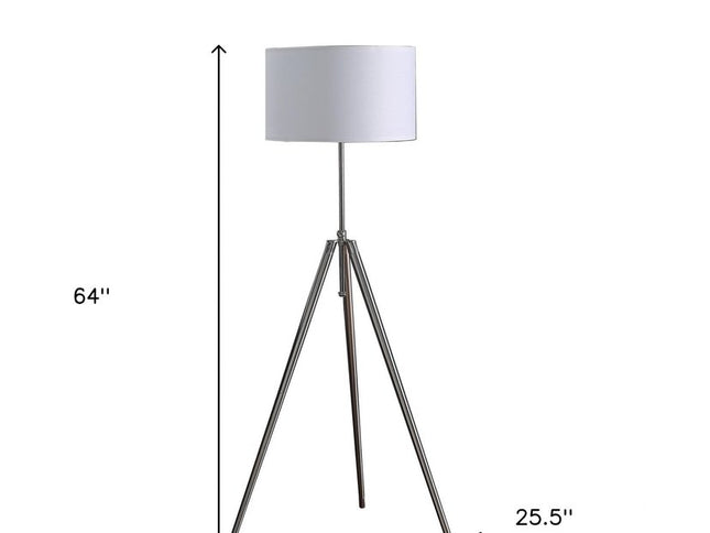 64" Silver Adjustable Tripod Floor Lamp With White Fabric Shade