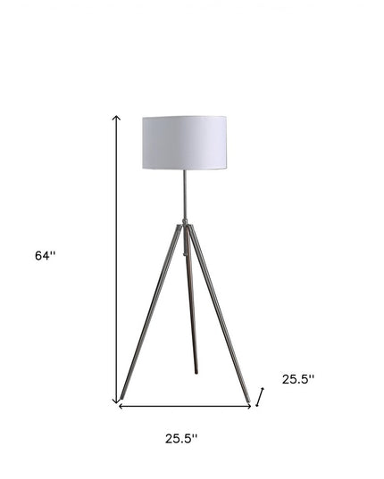64" Silver Adjustable Tripod Floor Lamp With White Fabric Shade