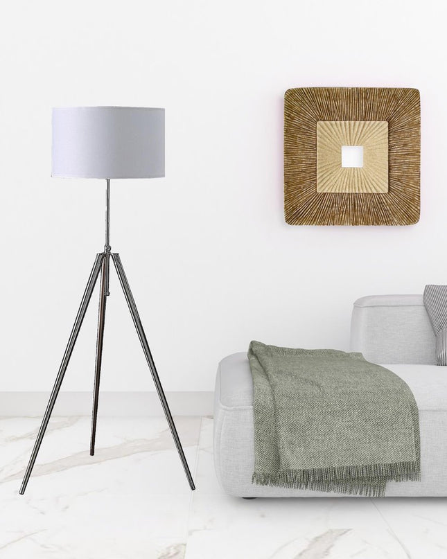 64" Silver Adjustable Tripod Floor Lamp With White Fabric Shade
