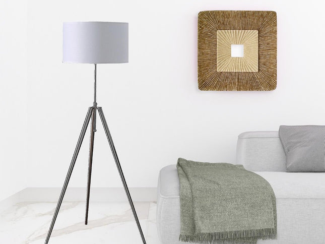 64" Silver Adjustable Tripod Floor Lamp With White Fabric Shade