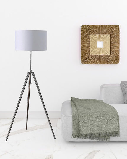 64" Silver Adjustable Tripod Floor Lamp With White Fabric Shade