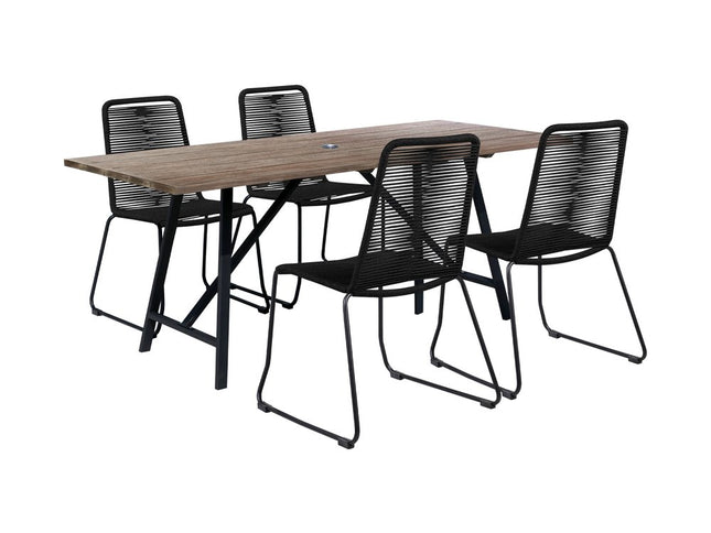 Five Piece Brown and Black Solid Wood Dining Set with Four Chairs