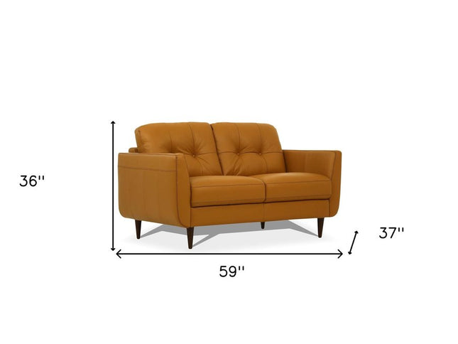 59" Camel And Brown Leather Loveseat