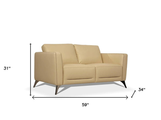 59" Cream And Silver Leather Loveseat