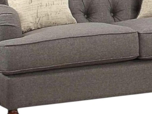61" Dark Gray And Brown Linen Curved Loveseat and Toss Pillows