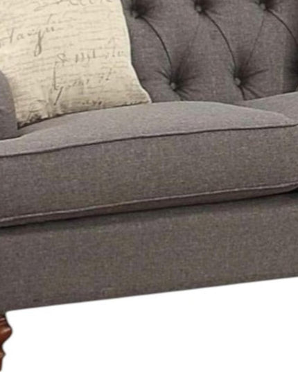 61" Dark Gray And Brown Linen Curved Loveseat and Toss Pillows