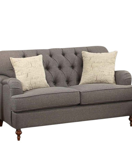 61" Dark Gray And Brown Linen Curved Loveseat and Toss Pillows