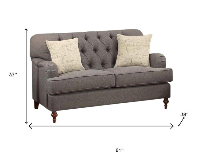 61" Dark Gray And Brown Linen Curved Loveseat and Toss Pillows