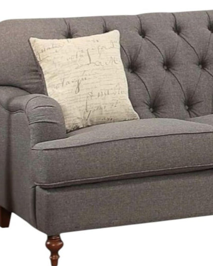 61" Dark Gray And Brown Linen Curved Loveseat and Toss Pillows