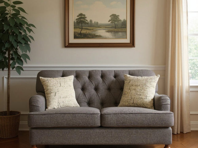 61" Dark Gray And Brown Linen Curved Loveseat and Toss Pillows