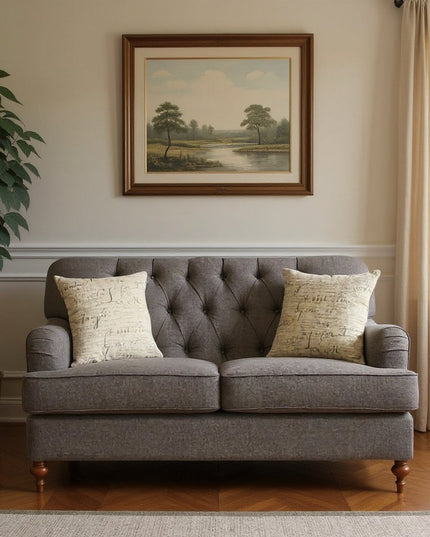 61" Dark Gray And Brown Linen Curved Loveseat and Toss Pillows