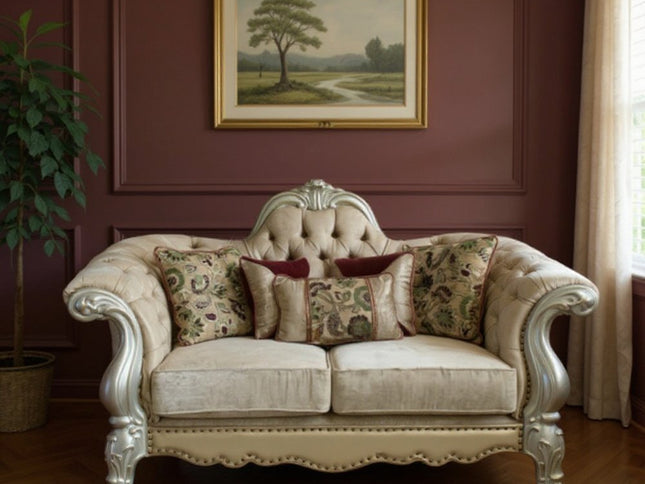 73" Bone Velvet Loveseat and Toss Pillows