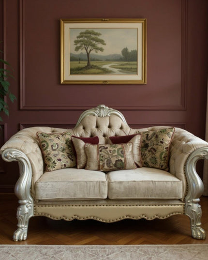 73" Bone Velvet Loveseat and Toss Pillows