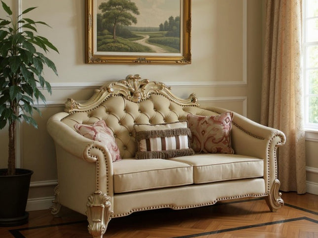 67" Bone And Gold Faux Leather Loveseat and Toss Pillows