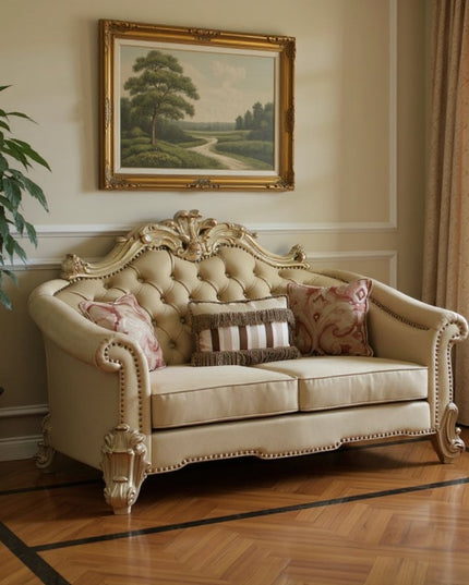 67" Bone And Gold Faux Leather Loveseat and Toss Pillows