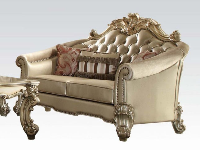 67" Bone And Gold Faux Leather Loveseat and Toss Pillows