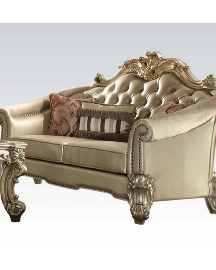 67" Bone And Gold Faux Leather Loveseat and Toss Pillows