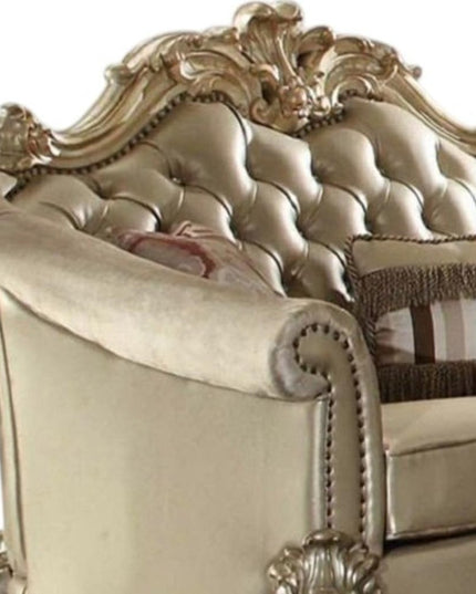 67" Bone And Gold Faux Leather Loveseat and Toss Pillows