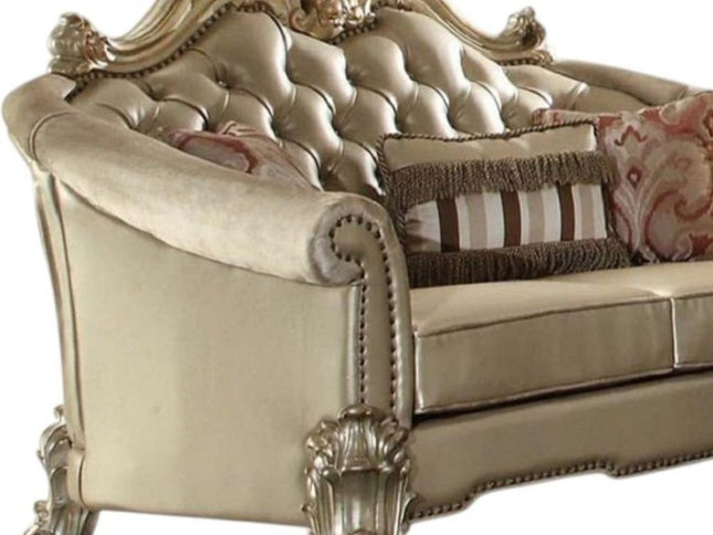 67" Bone And Gold Faux Leather Loveseat and Toss Pillows