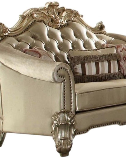 67" Bone And Gold Faux Leather Loveseat and Toss Pillows