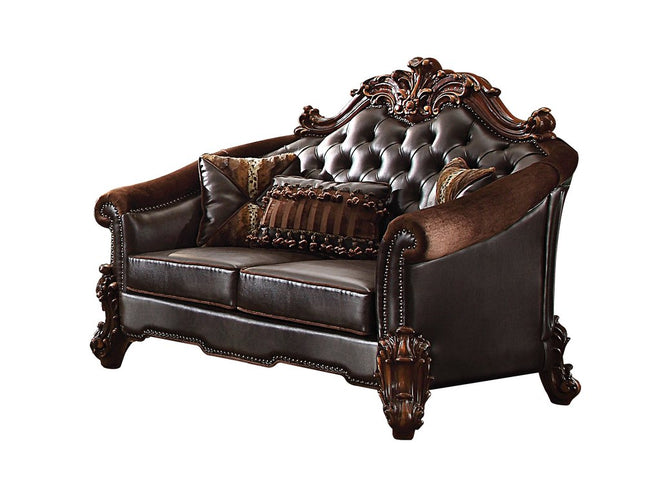 66" Brown And Dark Brown Chenille And Faux Leather Loveseat and Toss Pillows