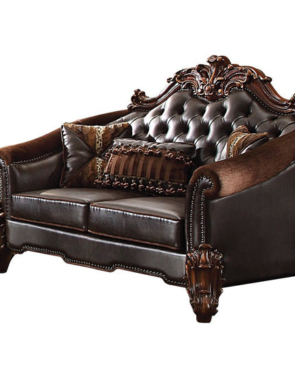 66" Brown And Dark Brown Chenille And Faux Leather Loveseat and Toss Pillows