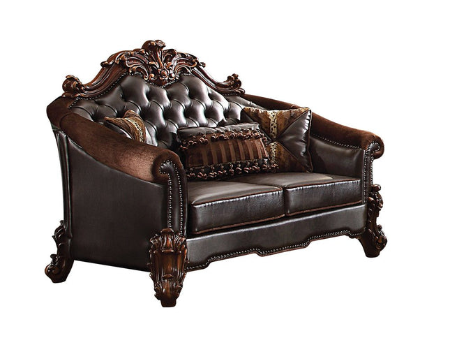 66" Brown And Dark Brown Chenille And Faux Leather Loveseat and Toss Pillows