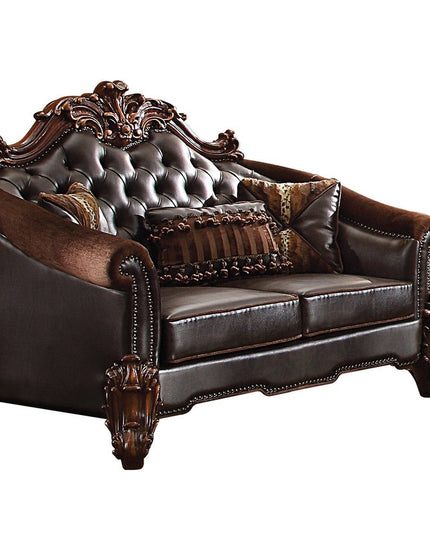 66" Brown And Dark Brown Chenille And Faux Leather Loveseat and Toss Pillows