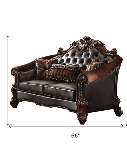 66" Brown And Dark Brown Chenille And Faux Leather Loveseat and Toss Pillows