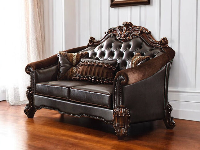 66" Brown And Dark Brown Chenille And Faux Leather Loveseat and Toss Pillows