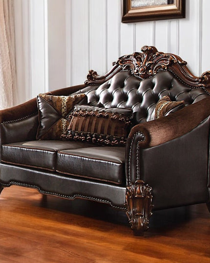 66" Brown And Dark Brown Chenille And Faux Leather Loveseat and Toss Pillows