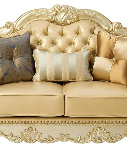 64" Bone And Gold Faux Leather Loveseat and Toss Pillows