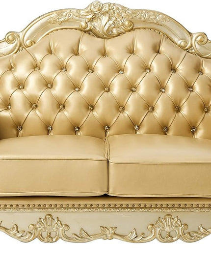 64" Bone And Gold Faux Leather Loveseat and Toss Pillows