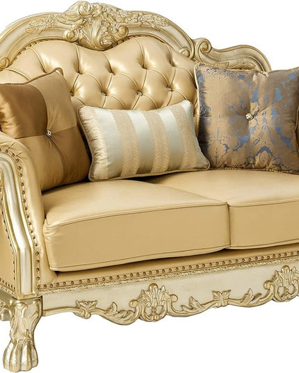 64" Bone And Gold Faux Leather Loveseat and Toss Pillows