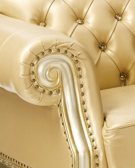 64" Bone And Gold Faux Leather Loveseat and Toss Pillows