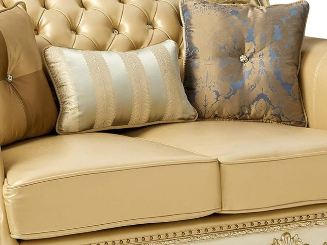 64" Bone And Gold Faux Leather Loveseat and Toss Pillows
