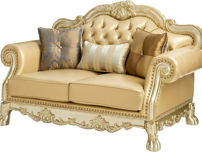 64" Bone And Gold Faux Leather Loveseat and Toss Pillows
