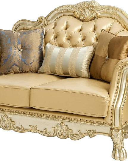 64" Bone And Gold Faux Leather Loveseat and Toss Pillows