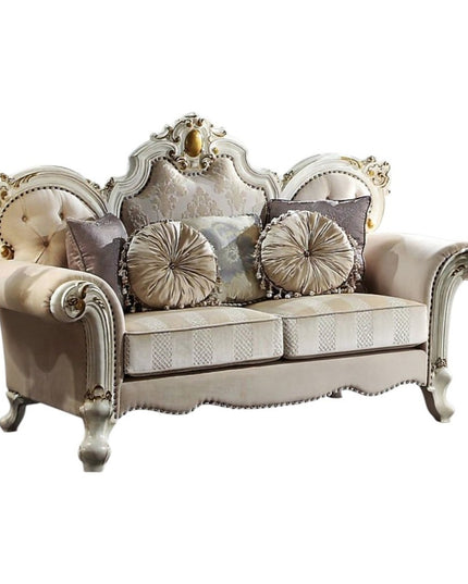 70" Gold And Pearl Velvet Loveseat and Toss Pillows