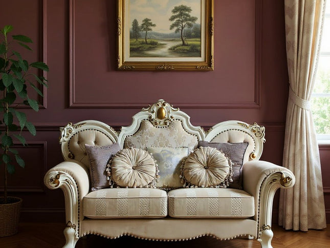 70" Gold And Pearl Velvet Loveseat and Toss Pillows