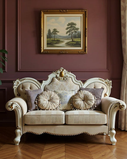 70" Gold And Pearl Velvet Loveseat and Toss Pillows